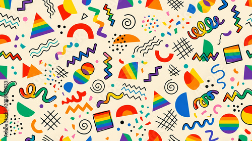 Abstract memphis pattern with rainbow geometric shapes, flat style