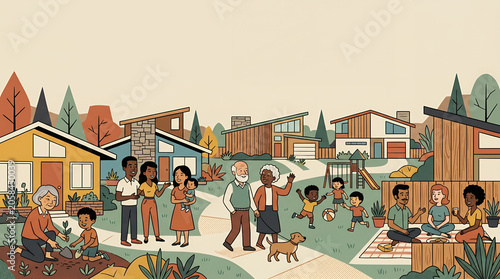 Diverse neighborhood community flat illustration families and houses
