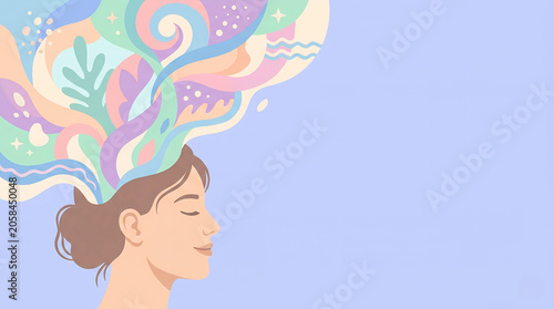 Woman flowing thoughts, mental health flat illustration, copy space