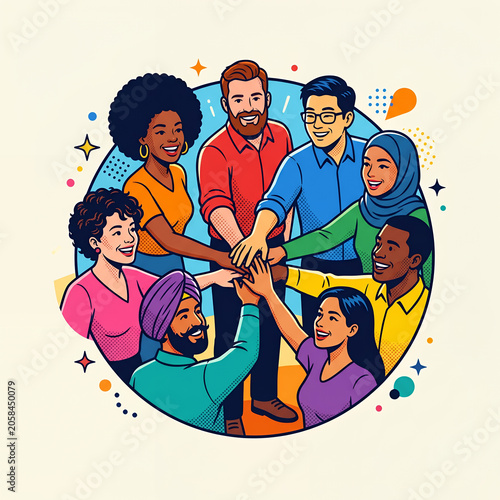 Diverse team stacking hands, flat comic illustration, teamwork