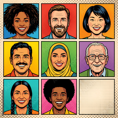 Diverse smiling people portraits grid, pop art comic illustration