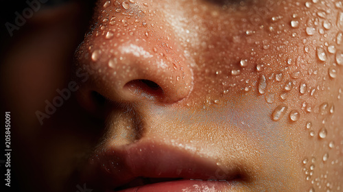 Close-up shot of human skin covered in many clear water droplets, suggesting heat, exertion, or a refreshing cleanse.