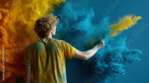A young man with curly hair, covered in yellow powder, throws blue powder against a blue wall, creating a vibrant explosion of color.