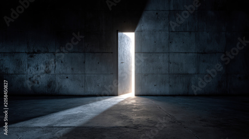 A single light shines through an open door in a dark, concrete room, casting a dramatic shadow across the floor.