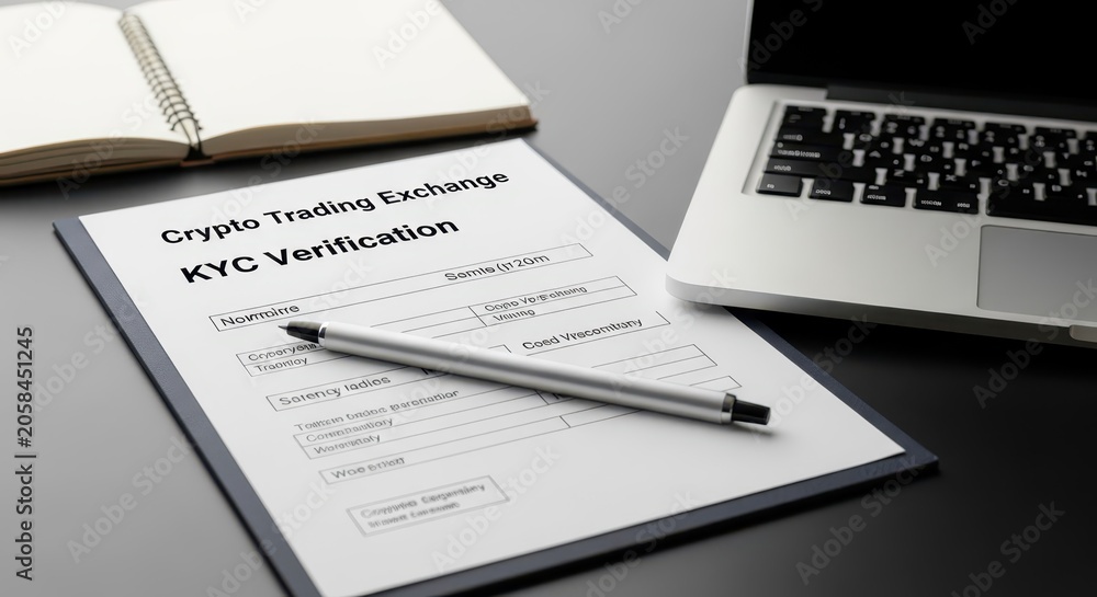 Obraz premium Cryptocurrency Trading Exchange KYC Verification Document with Laptop and Pen