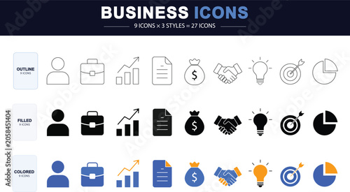 Business Icons Set - Outline, Filled and Colored Vector Collection, Professional Business Icons