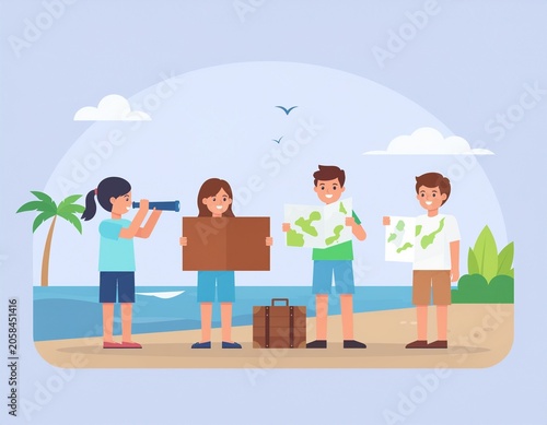 Group of friends planning a vacation on a tropical beach with maps and a telescope