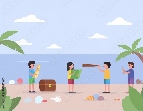 Children searching for a hidden treasure chest on a sandy beach flat vector illustration
