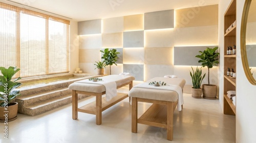 Modern luxury spa interior with massage tables and stone soaking tub