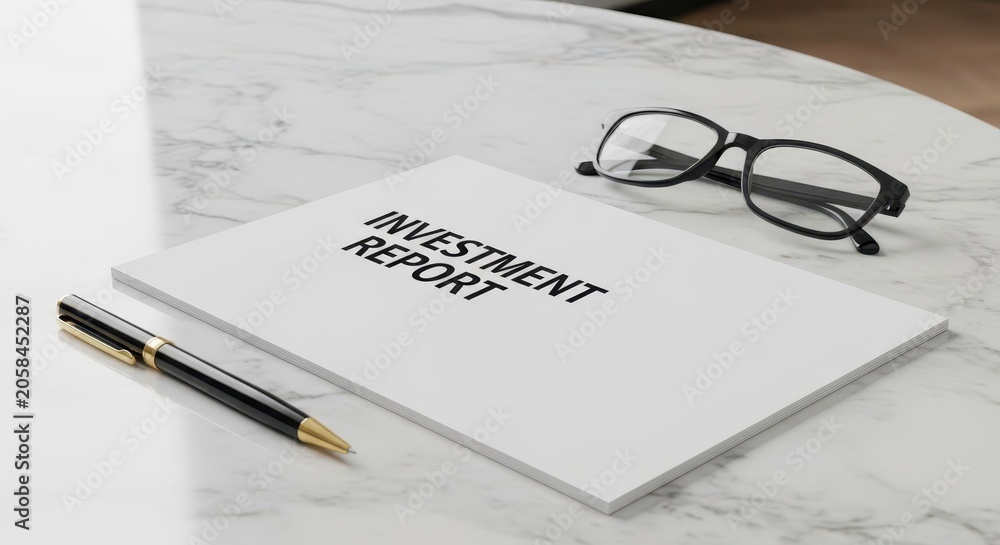 Fototapeta premium Investment report document with pen and glasses on a marble desk surface, illustrating financial planning and analysis
