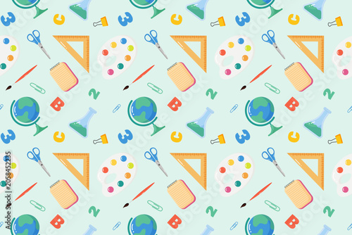 Back to school concept seamless pattern on light green background. Repeated pattern with school elements. Ornament with school supplies: globe,palette of colors,ruler,brush,test tube.Vector 