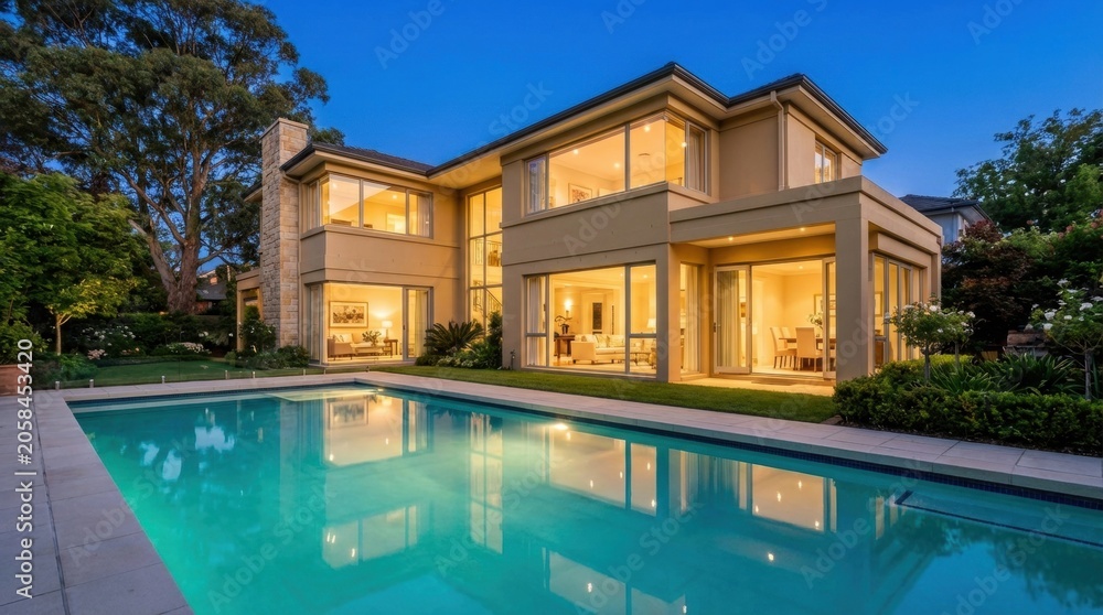 Fototapeta premium Luxurious Modern Mansion with Sparkling Pool and Evening Ambiance.