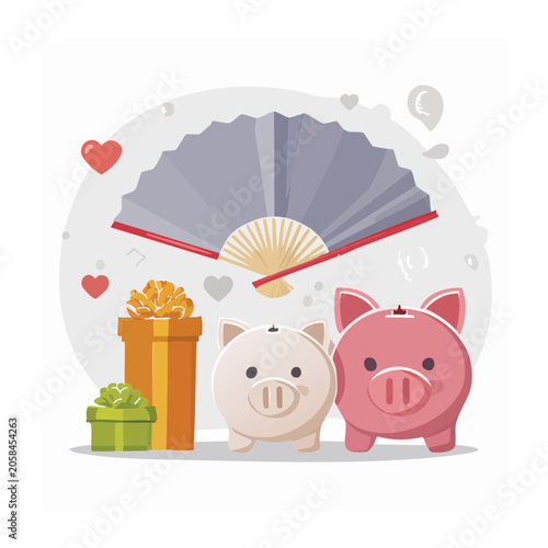 Pink Piggy Banks with Fan and Gifts Illustration
