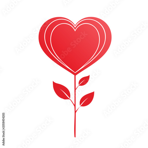 Red Heart Shaped Flower with Stem and Leaves