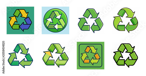 Colorful recycling symbols set of six icons - Bright vector icons showing six recycling symbols in green, blue, and white for eco-friendly and sustainability projects.
