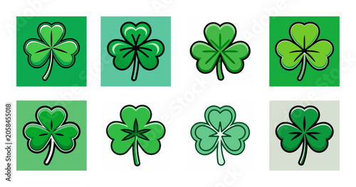 Four leaf clover icons in green color - A set of four leaf clover icons arranged neatly, featuring vibrant green color perfect for luck-themed designs or illustrations.