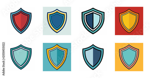 Colorful shield icons with golden crowns - Set of vibrant shield icons featuring golden crowns, perfect for badges, logos, emblems, or awards in a clean and modern design style.