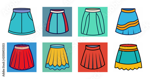 Colorful skirts collection in a row - Bright and cheerful vector skirts displayed in a neat row with vibrant colors like red, blue, green, and yellow.