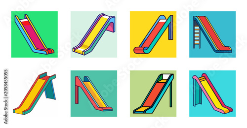 Colorful Playground Slide Icon Set Collection- Vector-style collection of colorful playground slide icons in different designs, suitable for parks, children’s activities, recreation, and education.