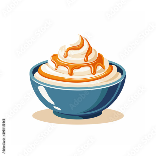 Blue bowl with whipped cream and caramel sauce