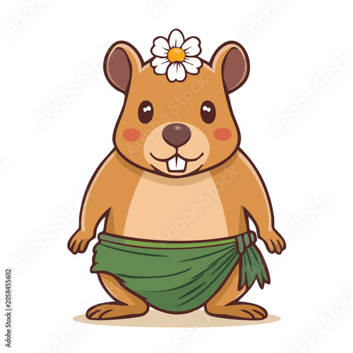Cute cartoon teddy bear with bow and flower