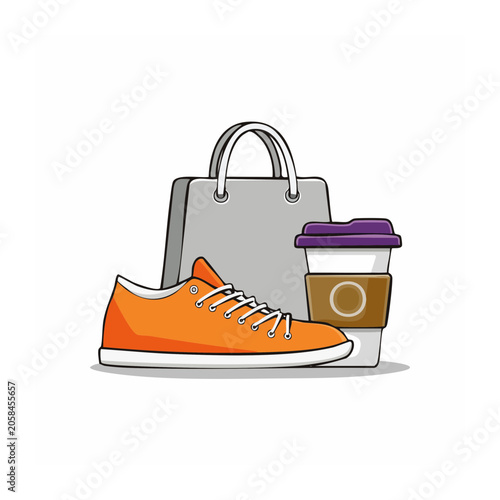 Flat design illustration of shopping bag, sneaker, and coffee cup
