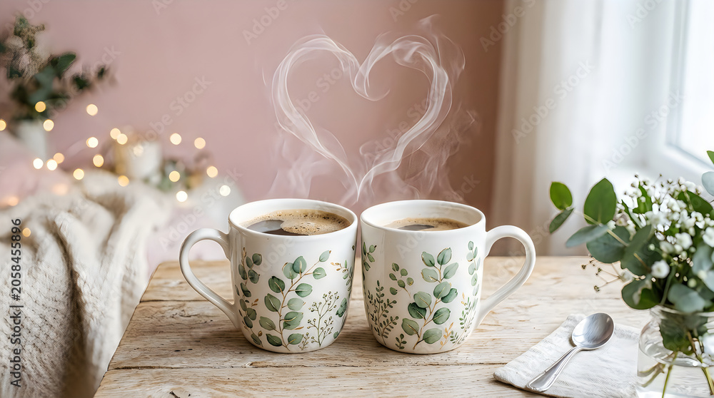 Fototapeta premium Two floral mugs filled with hot drinks on a cozy table