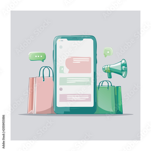 Smartphone with shopping bags and chat bubbles illustration