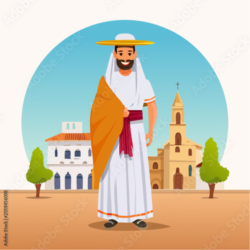 Man in traditional white robe and hat in town.