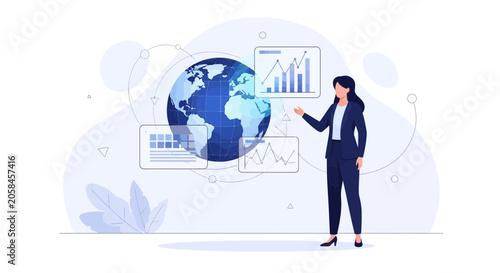 Businesswoman analyzing global financial data with charts and earth globe, modern vector illustration