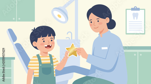 Fotografie Female dentist rewarding happy boy with a gold star sticker at a dental clinic illustration
