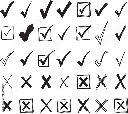 Hand drawn check marks and cross signs set 