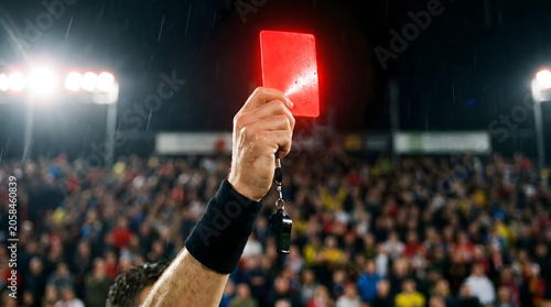 Referee holding red card in a stadium