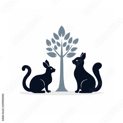 Black cat and rabbit silhouette with tree illustration