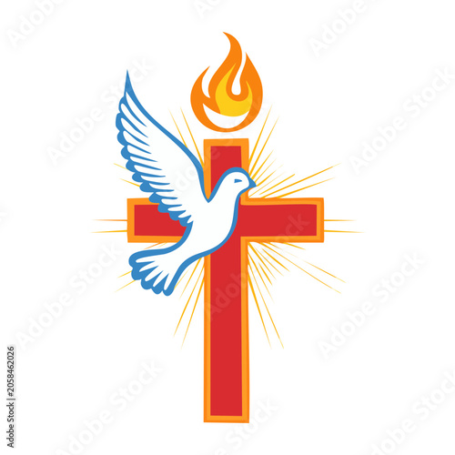 Christian Cross with Dove and Flame Symbol