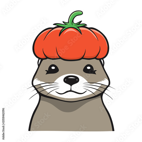 Cute cartoon otter wearing a tomato hat