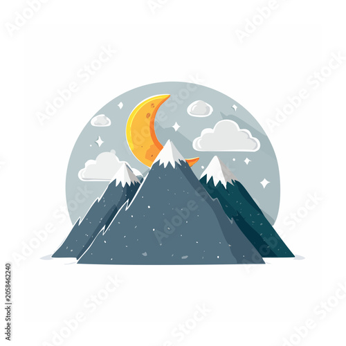 Flat design mountain landscape with moon and stars