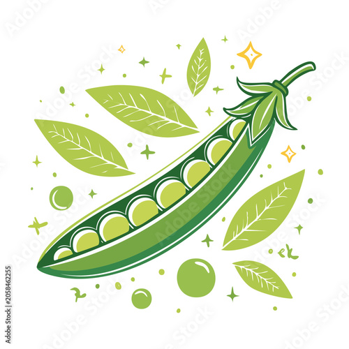 Green pea pod with leaves in flat design