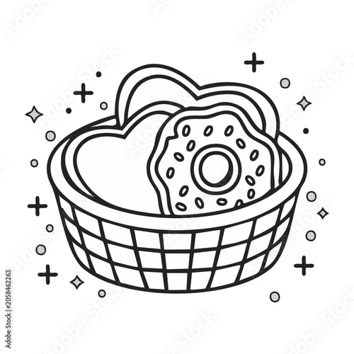 Line art illustration of a basket with donuts and heart shapes