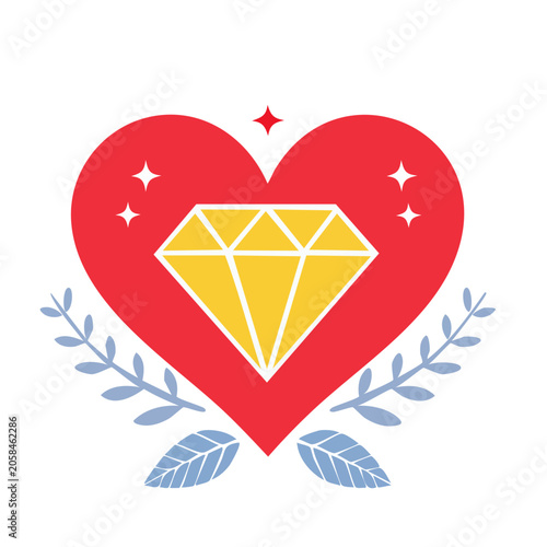 Red heart with diamond and leaves icon