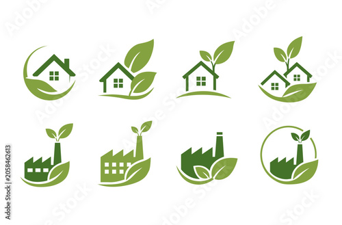SET OF 8 GREEN ECO HOUSE AND FACTORY ICONS WITH LEAVES ON WHITE BACKGROUND
