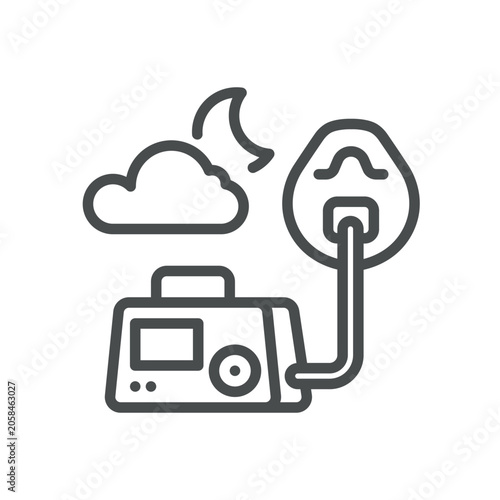 CPAP Machine Vector Line Icon: Sleep Apnea Breathing Device with Mask for Night Respiratory Therapy, Editable Stroke, Isolated