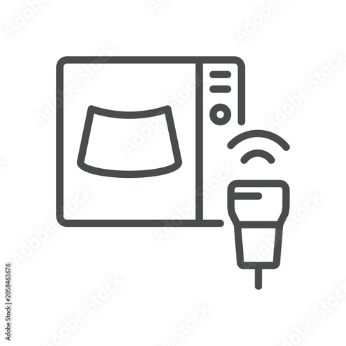Ultrasound Machine Icon, Diagnostic Sonography Scanner and Medical Imaging Equipment Symbol, Simple Thin Linear Outline Vector Sign.