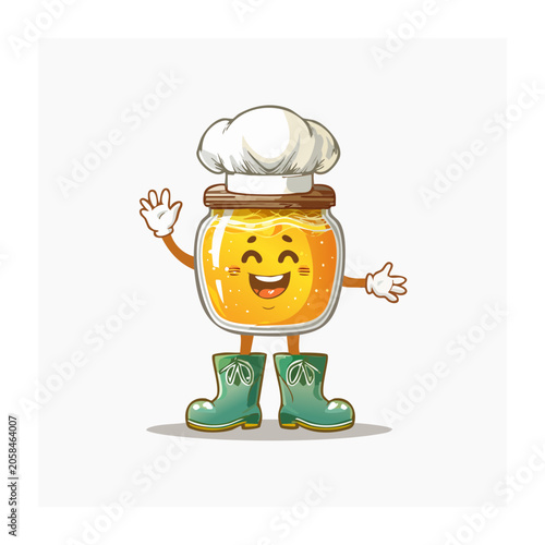 Cartoon Honey Jar Character in Chef Hat and Boots