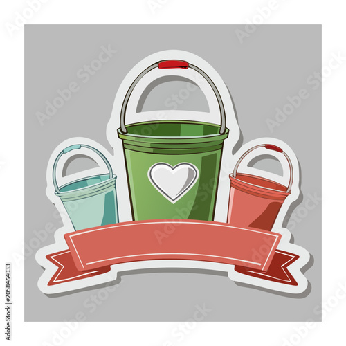 Colorful buckets with heart and banner illustration