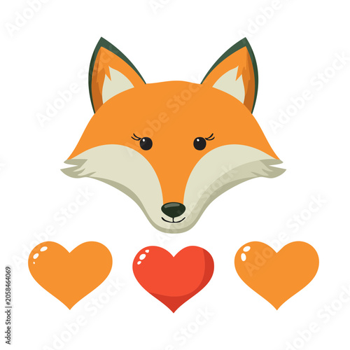 Cute cartoon fox face with hearts