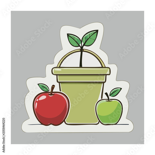 Flat Design Illustration of Potted Plant with Apples