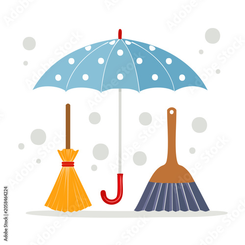 Flat design illustration of umbrella and cleaning tools with raindrops