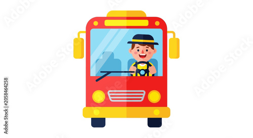 Photos Happy boy driving a red bus with a yellow hat