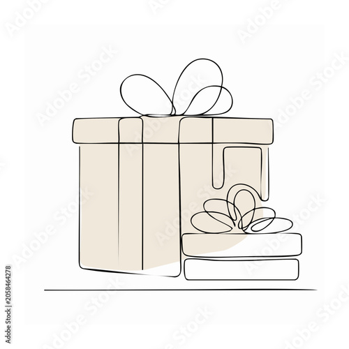 Line art illustration of stacked gift boxes with ribbons